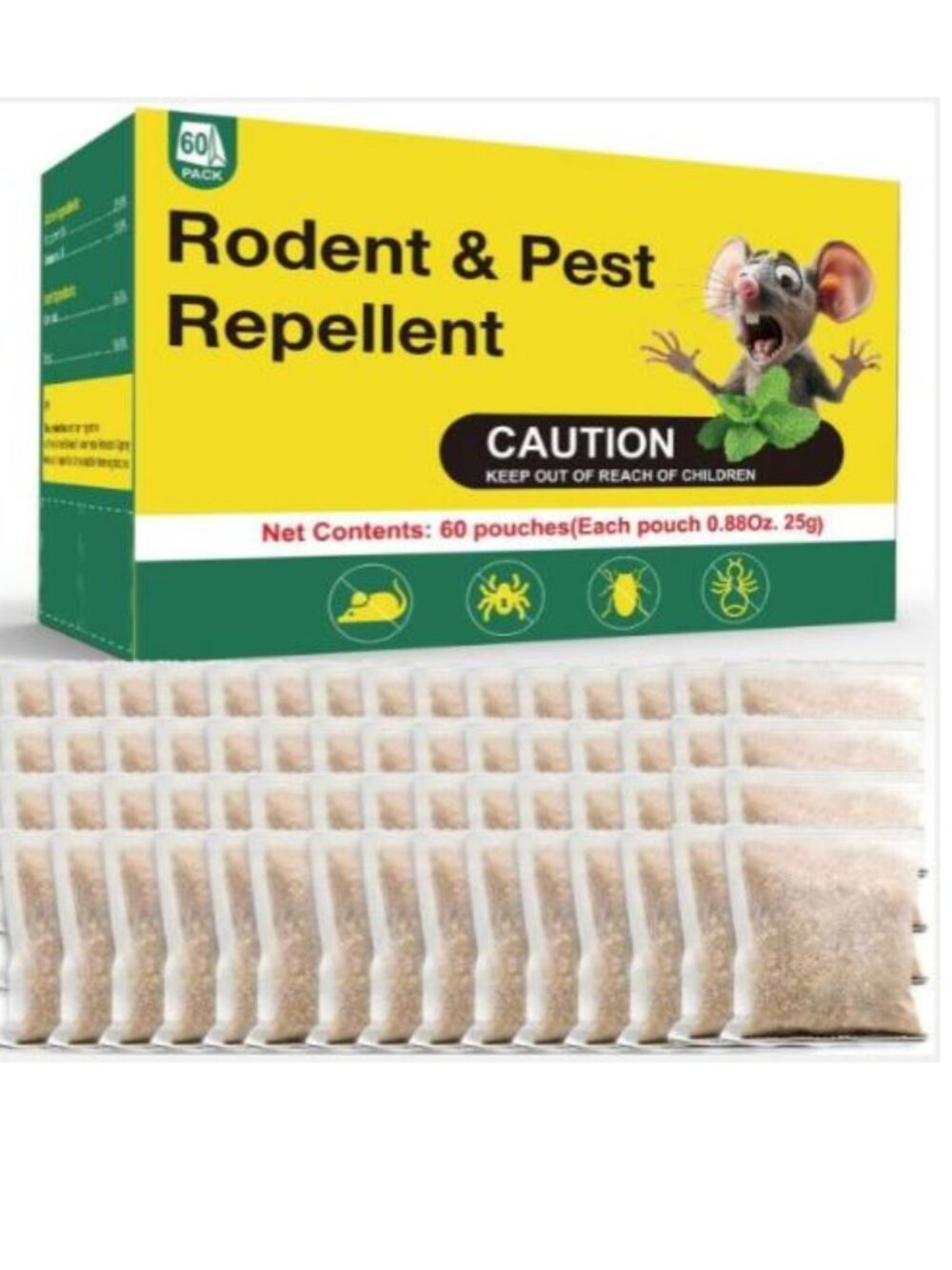 60 Pouches Nature Peppermint Oil Rodent Repellent punches Safe for Pets & Kids